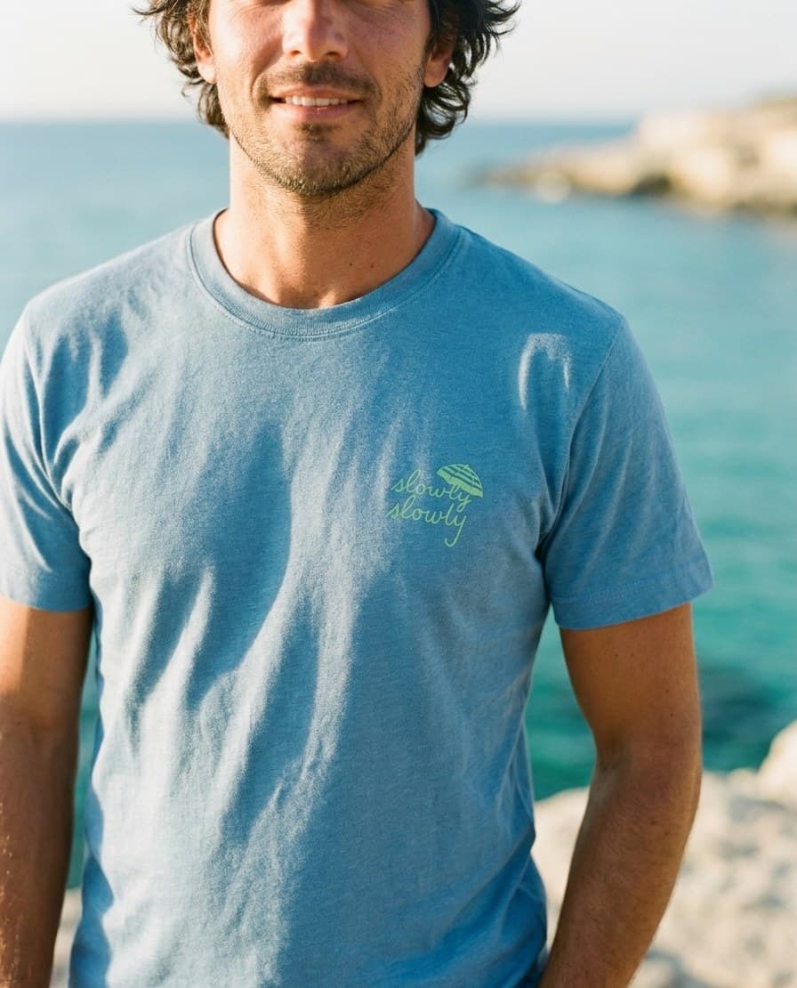 Amalfi Tee worn on the coast, showing the slowly slowly chest mark