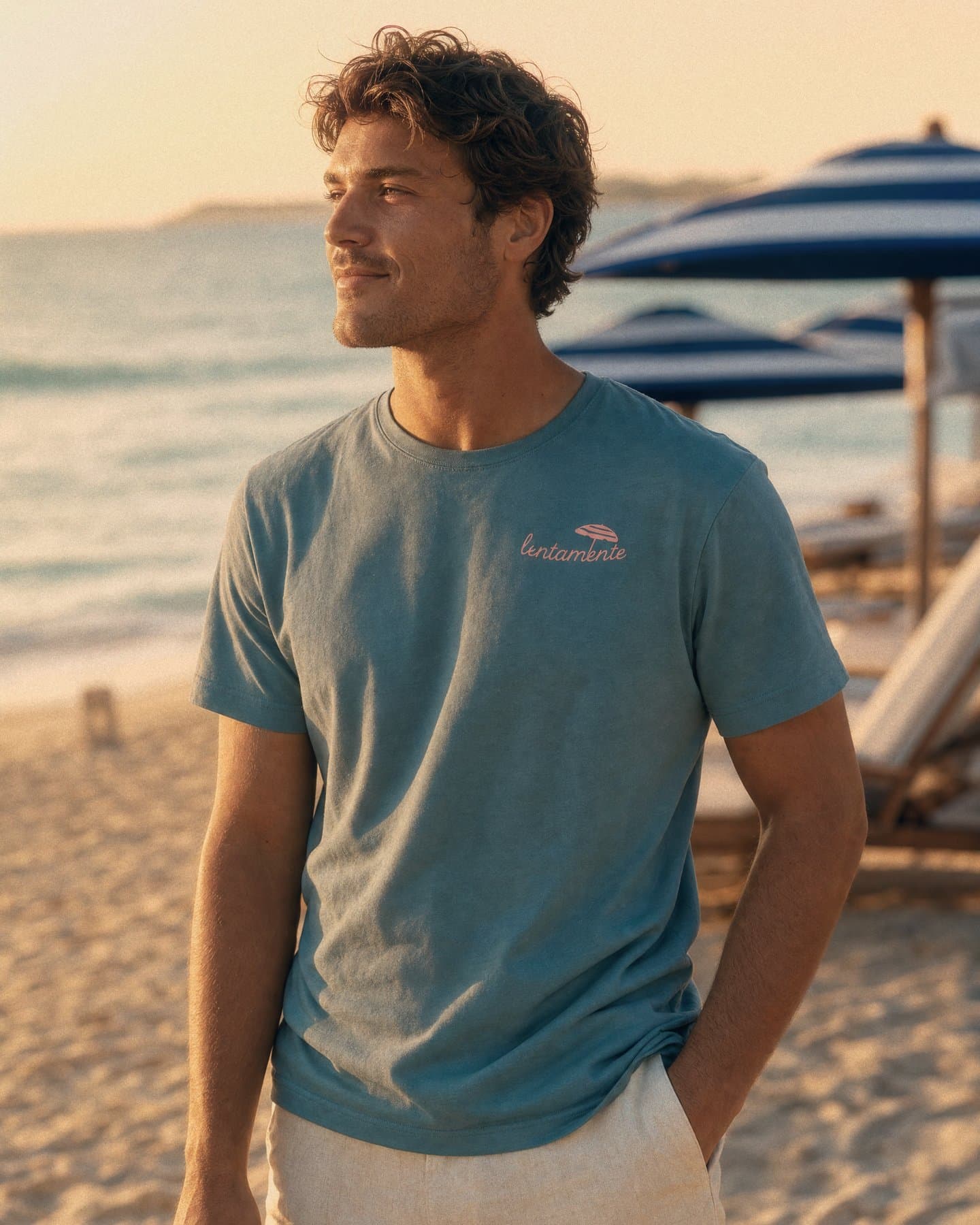 Modena Tee worn on the beach at golden hour, lentamente chest logo visible