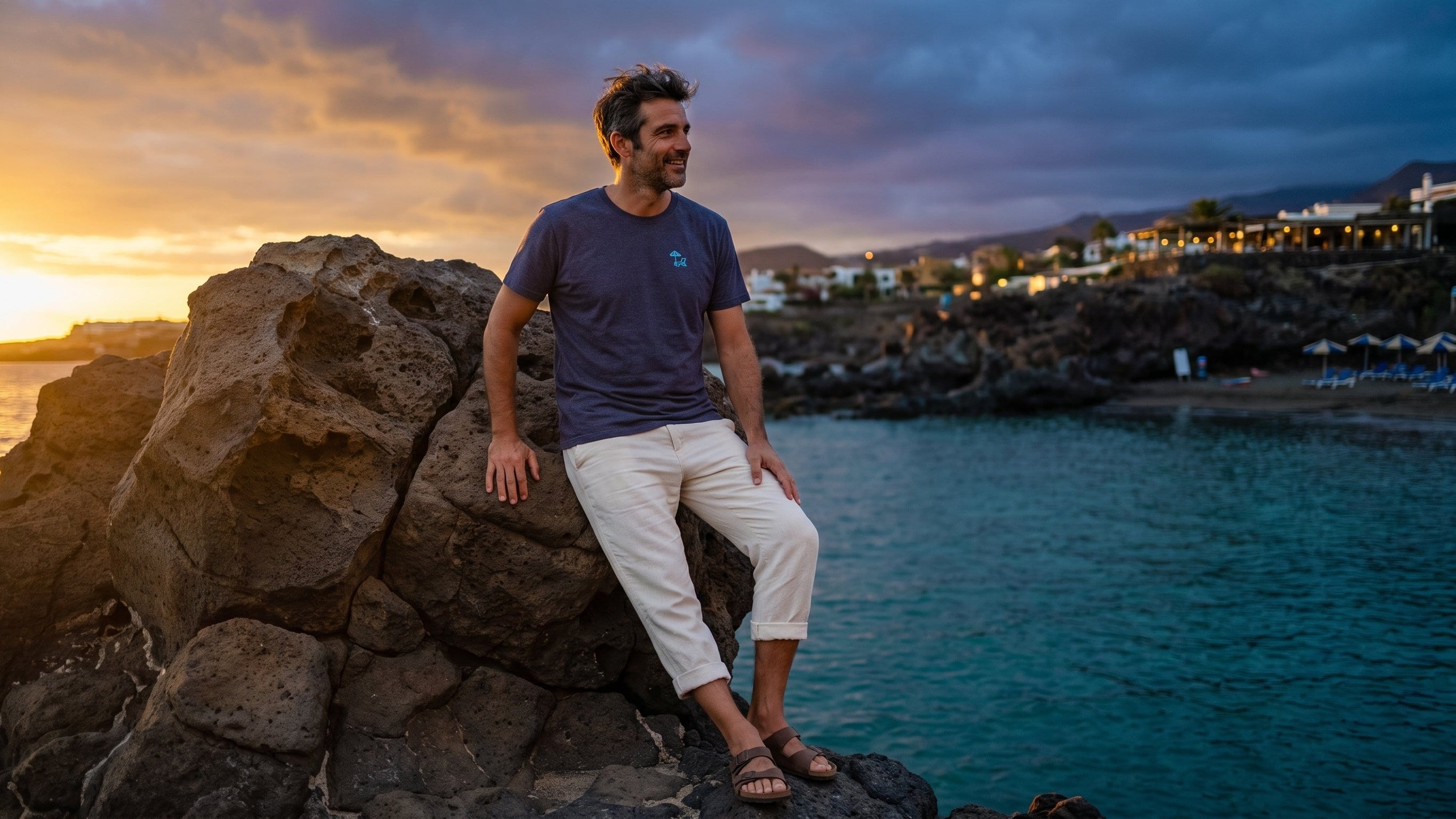 The Ischia Embroidery Tee worn on the volcanic rocks at golden hour, the sea behind